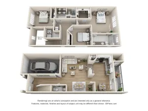 Modern two-level floor plan showcasing 3 bedrooms, spacious open-concept living area, stylish kitchen, and garage access. Perfect blend of comfort and style.