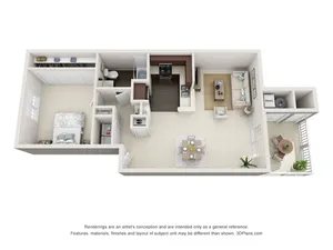Modern 3D floor plan featuring a cozy bedroom, open-plan kitchen, dining area, stylish living room, and balcony with greenery.