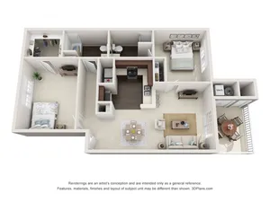 Modern 3D floor plan showcasing two spacious bedrooms, an open-concept living area, efficient kitchen, cozy dining space, and a private balcony.