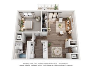 Modern and cozy 3D floor plan showcasing a spacious bedroom, open-concept living and dining area, fully equipped kitchen, and a private balcony. Includes a convenient in-unit washer and dryer.