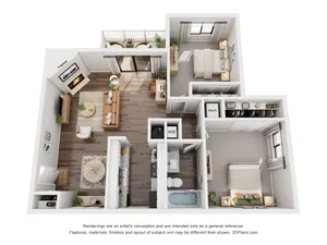 Modern 3D floor plan showcasing an elegant apartment with two cozy bedrooms, a stylish open-concept living room featuring a fireplace, a functional kitchen, and a charming balcony.