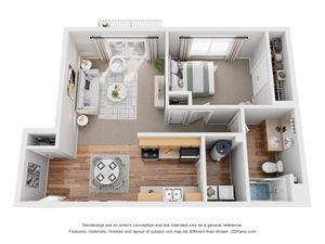 Modern 3D floor plan showcasing a chic living room, cozy bedroom, efficient kitchen, and sleek bathroom.