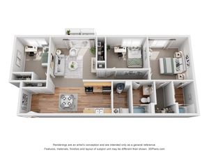 Elegant 3D floor plan showcasing two cozy bedrooms, a stylish open-concept living and dining area, modern kitchen, and two well-appointed bathrooms. Features an inviting balcony and ample storage space.