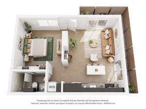 Chic studio apartment floor plan with stylish living area, modern kitchen, and cozy balcony.