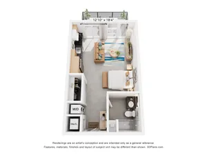 Contemporary open-concept studio apartment floor plan with integrated living and sleeping areas, sleek kitchen, and modern bathroom.