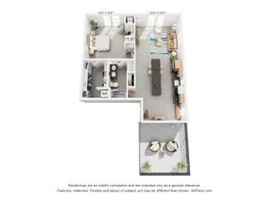 Modern 3D floor plan showcasing a stylish layout with a spacious bedroom, cozy living area, sleek kitchen, and outdoor patio.