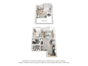 Modern loft-style floor plan showcasing an open-concept living area with spiral staircase, spacious bedroom, and stylish kitchen.