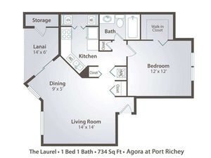 Agora at Port Richey, Agora at Port Richey, 1 bedroom 1 bath apartment home with 734 square feet, large walk-in closet, spacious living room, comfy dining area, sliding glass door to screened lanai, updated kitchen and appliances with refri