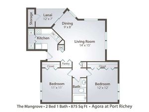 Agora at Port Richey, 2 bedroom 1 bath apartment home with 875 square feet, large walk-in closet, spacious living room, comfy dining area, sliding glass door to screened lanai, updated kitchen and appliances with refrigerator, stove and dis