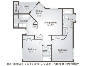 Agora at Port Richey, 2 bedroom 2 bath apartment home with 975 square feet, large walk-in closet, spacious living room, comfy dining area, sliding glass door to screened lanai, updated kitchen and appliances with refrigerator, stove and dis
