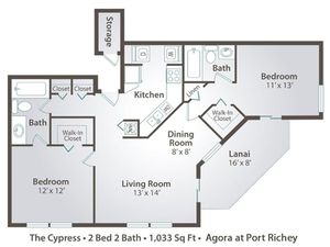 Agora at Port Richey, 2 bedroom 2 bath apartment home with 1033 square feet, large walk-in closet, spacious living room, comfy dining area, sliding glass door to screened lanai, updated kitchen and appliances with refrigerator, stove and di