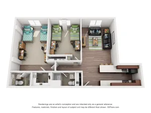 Modern 3D floor plan showcasing 2 spacious bedrooms, cozy living area, and sleek kitchen with breakfast bar.
