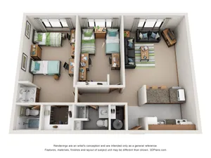 Modern 3D floor plan featuring two bedrooms, a cozy living room, and a functional kitchen, complete with twin study desks and stylish decor.