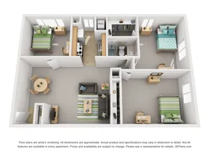 Modern 3D floor plan showcasing a cozy three-bedroom apartment with open-concept living and dining areas, stylish kitchen, and a well-appointed bathroom, perfect for comfortable living.