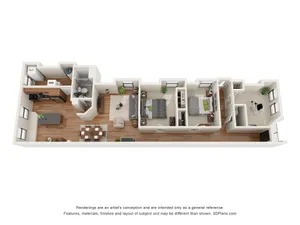 Modern 3D floor plan showcasing a chic apartment with two bedrooms, a spacious living room, sleek kitchen, and a cozy office space.