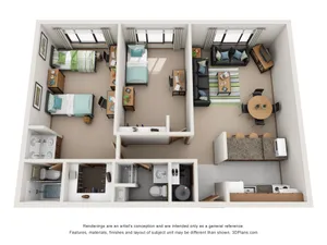 Modern 3D floor plan with 2 cozy bedrooms, an inviting living area, and a contemporary kitchen.