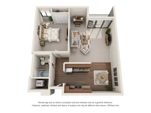 Modern 3D floor plan showcasing a cozy one-bedroom apartment with an open living area, stylish kitchen, and inviting balcony.