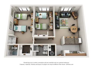 Modern 3D floor plan showcasing two cozy bedrooms, a welcoming living area, and an efficient kitchen with dining space. Includes two bathrooms, stylish decor, and ample natural light.