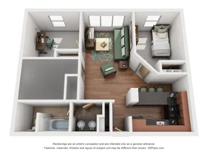 Modern 3D floor plan showcasing a cozy bedroom, office space, and open-concept living area with kitchen, ideal for contemporary living.