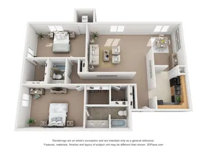 Contemporary 3D floor plan showcasing 2 spacious bedrooms, elegant living room, modern kitchen, and cozy dining area.