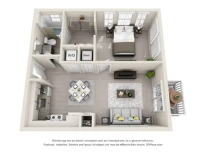 Chic 3D floor plan with a cozy bedroom, modern kitchen, inviting living area, and private balcony.