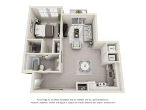 Modern 3D floor plan showcasing one-bedroom apartment with an open-concept living and dining area, sleek kitchen, and private balcony.