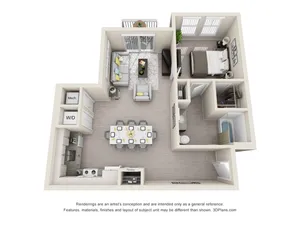 Modern 3D floor plan showcasing a cozy one-bedroom apartment with an open living area, efficient kitchen, and a sleek bathroom.