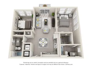Charming 3D floor plan showcasing two spacious bedrooms, cozy living room, modern kitchen, and elegant bathrooms.