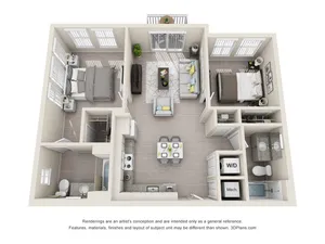 Modern 3D floor plan showcasing two cozy bedrooms, a stylish open living area, and a contemporary kitchen with a dining space.