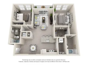 Chic 3D floor plan showcasing 2 bedrooms, a stylish open-concept living and dining area, modern kitchen with island, and two full bathrooms.