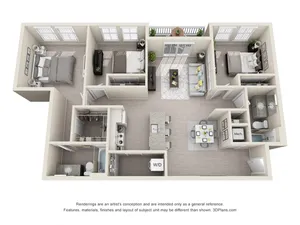 Elegant 3D floor plan showcasing 3 bedrooms, a cozy living room with balcony access, and a modern kitchen with island and dining area.