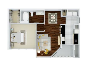 Modern floor plan showcasing a spacious one-bedroom layout with a luxurious bathroom, walk-in closet, open-concept living area, and sleek kitchen design.