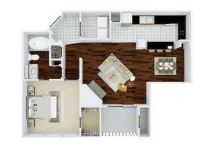 Elegant floor plan showcasing a modern one-bedroom apartment with an open-concept living area, stylish kitchen, spacious bathroom, and cozy dining space.