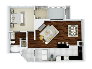 Elegant floor plan showcasing a luxurious single-bedroom apartment with a spacious open-concept living area, modern kitchen, and stylish dining space.