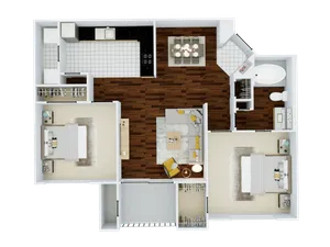 Modern 2D floor plan showcasing a spacious apartment with two cozy bedrooms, a sleek kitchen, open-concept living and dining area, and a stylish bathroom.