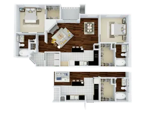 Bright and modern 3D floor plan showcasing two-level design with 3 bedrooms, 2.5 bathrooms, an open-concept kitchen with island, stylish living area, and spacious dining space.