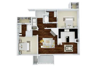 Modern floor plan showcasing 2 spacious bedrooms, an elegant open living room, and a contemporary kitchen with bar seating.