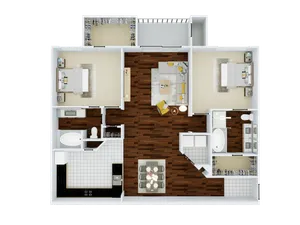 Modern 2D floor plan showcasing two spacious bedrooms, an open living area with stylish furnishings, a sleek kitchen, and elegant bathrooms, designed for comfort and style.