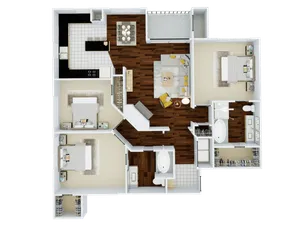 Elegant 3D apartment floor plan featuring 3 spacious bedrooms, an open-concept living and dining area, modern kitchen, and luxurious bathrooms with ample storage.