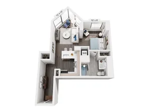 Modern L-shaped floor plan with an inviting open-concept living area, cozy bedroom, sleek kitchen with island seating, and a stylish bathroom. Abundant natural light enhances the elegant space.