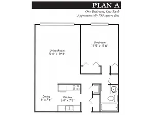 Plan A, 1-bed, 1-bath