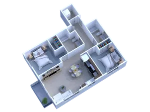Modern 3D floor plan showcasing 2 bedrooms, a stylish open-concept living and dining area, and a sleek kitchen. Includes two bathrooms and a cozy balcony for relaxing.