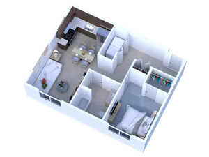 Charming 3D floor plan with one bedroom, a cozy living room, and a modern kitchen, perfect for comfortable living.