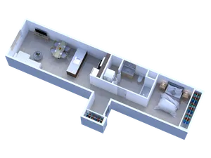 Sleek 3D floor plan showcasing a contemporary studio apartment with an open-concept living and dining area, modern kitchen with island, cozy bedroom, and a spacious bathroom, ideal for urban living.