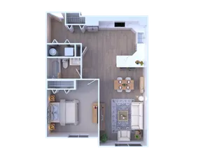 Modern 1 bedroom floor plan with an open wrap around kitchen, in-unit washer/dryer, and bathroom with a bathtub/shower combination.