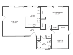 Cottage D 2BD/1BA Floor Plan