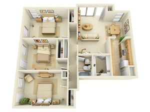 3 Bedroom 1 Bath Floorplan with Porch