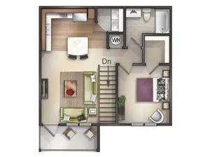3d rendering of a 1 bedroom 1 bath apartment home.