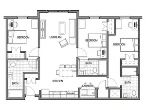Modern floor plan showcasing 3 bedrooms, open living room, fully-equipped kitchen, and convenient laundry space.