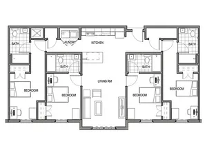 Modern floor plan showcasing three bedrooms, a spacious living room, and a well-appointed kitchen with laundry facilities.